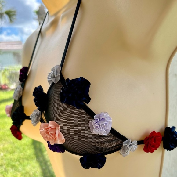 Mesh Two Piece Floral Bra and G string set with Satin Rose Buds . - Picture 5 of 10